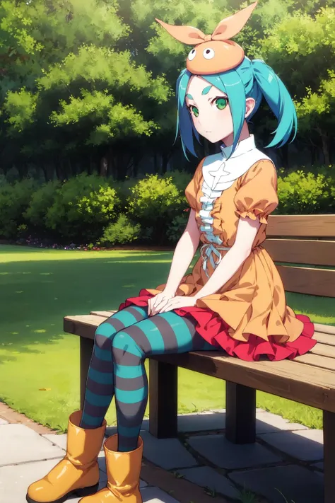 <lora:ononoki-yotsugi-test-v2:0.8>
1girl, solo, looking at viewer,
striped pantyhose, blue and gray pantyhose, dress, orange dress, white turtle neck collar, white frills, hat, rubber boots, puffy sleeves, short sleeves,
ononokiyotsugi, aqua hair, short hair, green eyes, twintails, thick eyebrows,
garden, trees,
expressionless, closed mouth, sitting, on a bench,