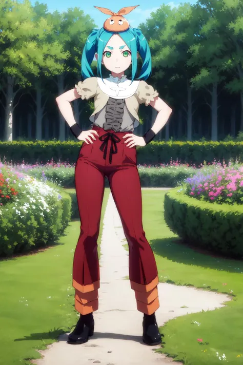1girl, solo, looking at viewer,
brown cardigan, wristband, white turtle neck collar, gray frills, hat, short sleeves, red pants, black shoes,
ononokiyotsugi, aqua hair, short hair, green eyes, twintails, thick eyebrows, 
garden, trees, flowers in the background, 
park, trees, flowers in the background, grass,
hands on hips,
expressionless, closed mouth
<lora:ononoki-yotsugi-test-v2:0.8>