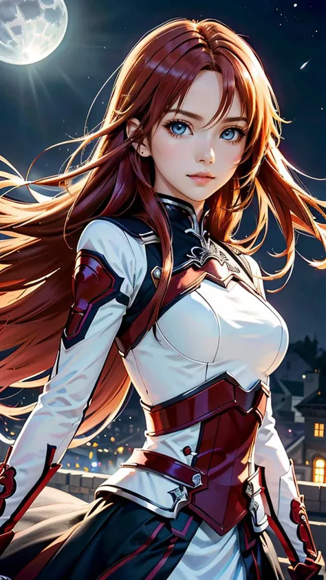 (best quality, masterpiece, colorful, dynamic angle) upper body photo, fashion photography of intense long red hair, (Asuna Yuuki)(sword art online) yuuki asuna, (ultrahigh resolution textures), in dynamic pose,(intricate details), moonlight passing through hair, perfect night, fantasy background, (official art)