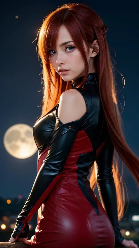 fashion photography of intense long red hair, (Asuna Yuuki)(sword art online), yuuki asuna, (ultrahigh resolution textures), in dynamic pose,moonlight passing through hair, perfect night, fantasy background, (official art)