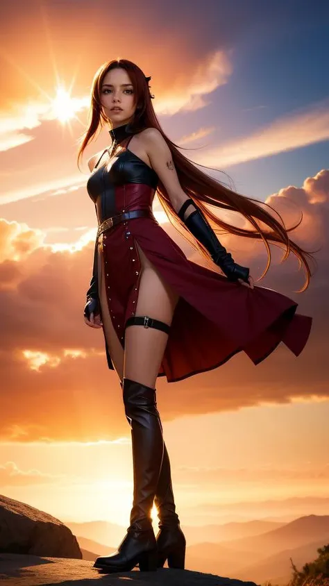 fashion photography of intense long red hair, (Asuna Yuuki)(sword art online), yuuki asuna, (ultrahigh resolution textures), in dynamic pose,sunset light passing through hair, perfect sunset, fantasy background, (official art)