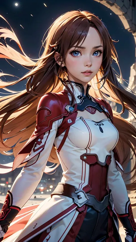 (best quality, masterpiece, colorful, dynamic angle,) upper body photo, fashion photography of intense long red hair, (Asuna Yuuki)(sword art online) yuuki asuna, (ultrahigh resolution textures), in dynamic pose,(intricate details), moonlight passing through hair, perfect night, fantasy background, (official art)
