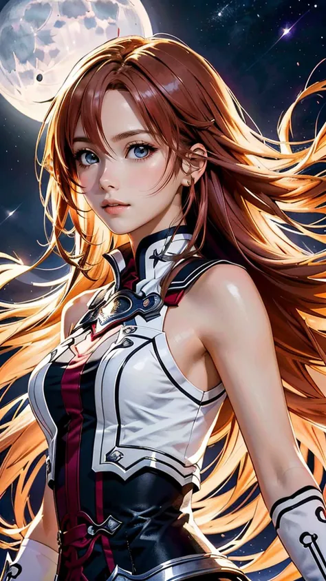 (best quality, masterpiece, colorful, dynamic angle) upper body photo, fashion photography of intense long red hair, (Asuna Yuuki)(sword art online) yuuki asuna, (ultrahigh resolution textures), in dynamic pose,(intricate details), moonlight passing through hair, perfect night, fantasy background, (official art)