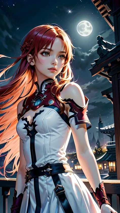 (best quality, masterpiece, colorful, dynamic angle) upper body photo, fashion photography of intense long red hair, (Asuna Yuuki)(sword art online) yuuki asuna, (ultrahigh resolution textures), in dynamic pose,(intricate details), moonlight passing through hair, perfect night, fantasy background, (official art)