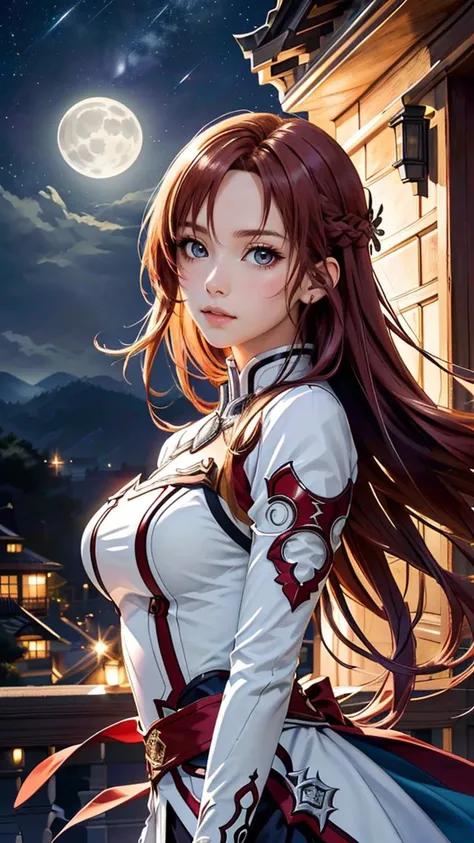 (best quality, masterpiece, colorful, dynamic angle) upper body photo, fashion photography of intense long red hair, (Asuna Yuuki)(sword art online) yuuki asuna, (ultrahigh resolution textures), in dynamic pose,(intricate details), moonlight passing through hair, perfect night, fantasy background, (official art)