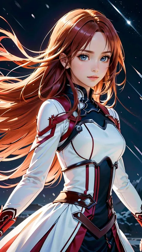 (best quality, masterpiece, colorful, dynamic angle) upper body photo, fashion photography of intense long red hair, (Asuna Yuuki)(sword art online) yuuki asuna, (ultrahigh resolution textures), in dynamic pose,(intricate details), moonlight passing through hair, perfect night, fantasy background, (official art)