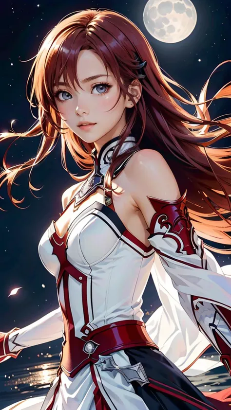 (best quality, masterpiece, colorful, dynamic angle) upper body photo, fashion photography of intense long red hair, (Asuna Yuuki)(sword art online) yuuki asuna, (ultrahigh resolution textures), in dynamic pose,(intricate details), moonlight passing through hair, perfect night, fantasy background, (official art)