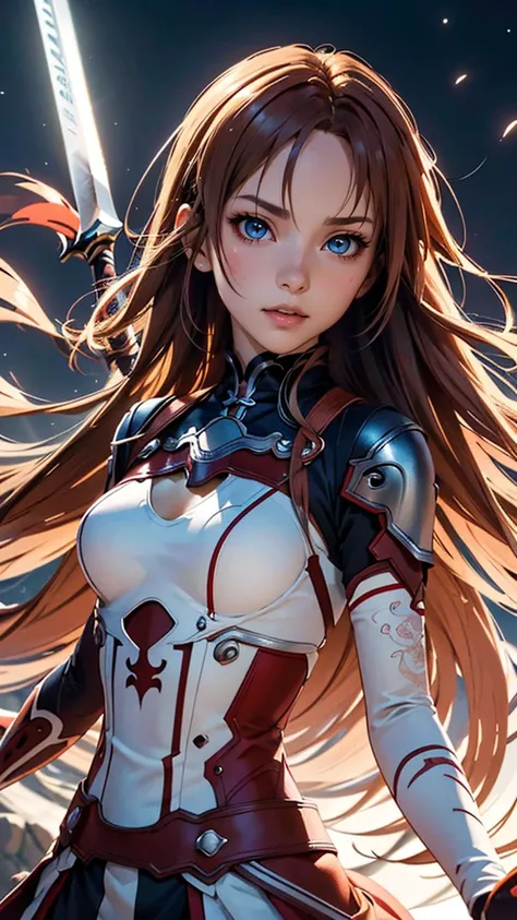 (best quality, masterpiece, colorful, dynamic angle,) upper body photo, fashion photography of intense long red hair, (Asuna Yuuki)(sword art online) yuuki asuna, (ultrahigh resolution textures), in dynamic pose,(intricate details), moonlight passing through hair, perfect night, fantasy background, (official art)