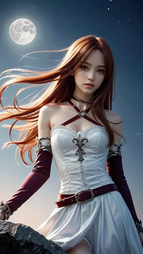 (best quality, masterpiece, colorful, dynamic angle) upper body photo, fashion photography of intense long red hair, (Asuna Yuuki)(sword art online) yuuki asuna, (ultrahigh resolution textures), in dynamic pose,(intricate details), moonlight passing through hair, perfect night, fantasy background, (official art)