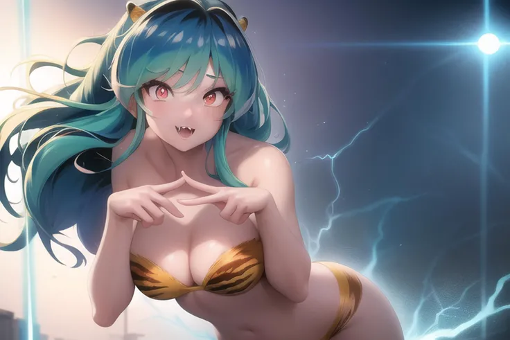 <lora:lumUruseiYatsura_10:1>, urusei yatsura, lum, blushing, subsurface scatter, tiger stripe strapless bikini, (teary-eyed, tears:0.5), cute, sexy, (wet:0.5), windy, thin, skinny, petite, (in air:1), (flying:1.1), dynamic pose, (big breasts:0.9), highly detailed teeth, defined teeth, highly detailed mouth, (mouth closed:0.8), sharp focus, contrast, well define eyelashes, straight teeth, best hands, (angry:0.2), perfect teeth, highly detailed hair, snear, (furious:0.2), casting lighting, beautiful eyes, highly detailed eyes, highly detailed horns, highly detailed face, highly detailed hands, accurate hands, natural breasts, cleavage, (fangs:1.2), gorgeous, stern, long hair, multicolored eyes, highly detailed, 8k, cinematic, ultra-detailed, artistic, water droplets, masterpiece, dynamic, complex lighting, hires, illustration, professional lighting, dynamic lighting, high contrast, setting sun, sunset, urban japan, (outdoors, urban japan, 1980s \(style\):0.5), (electrokinesis, electricity:1.3), perspective, extremely detailed, best quality, perfect hands, perfect anatomy, magnificent view, highly detailed skin, highly detailed background, stunning, great hands, elegant hands, consistant background, trending on artstation, trending on cgsociety, (cutev2-11000:0.5)