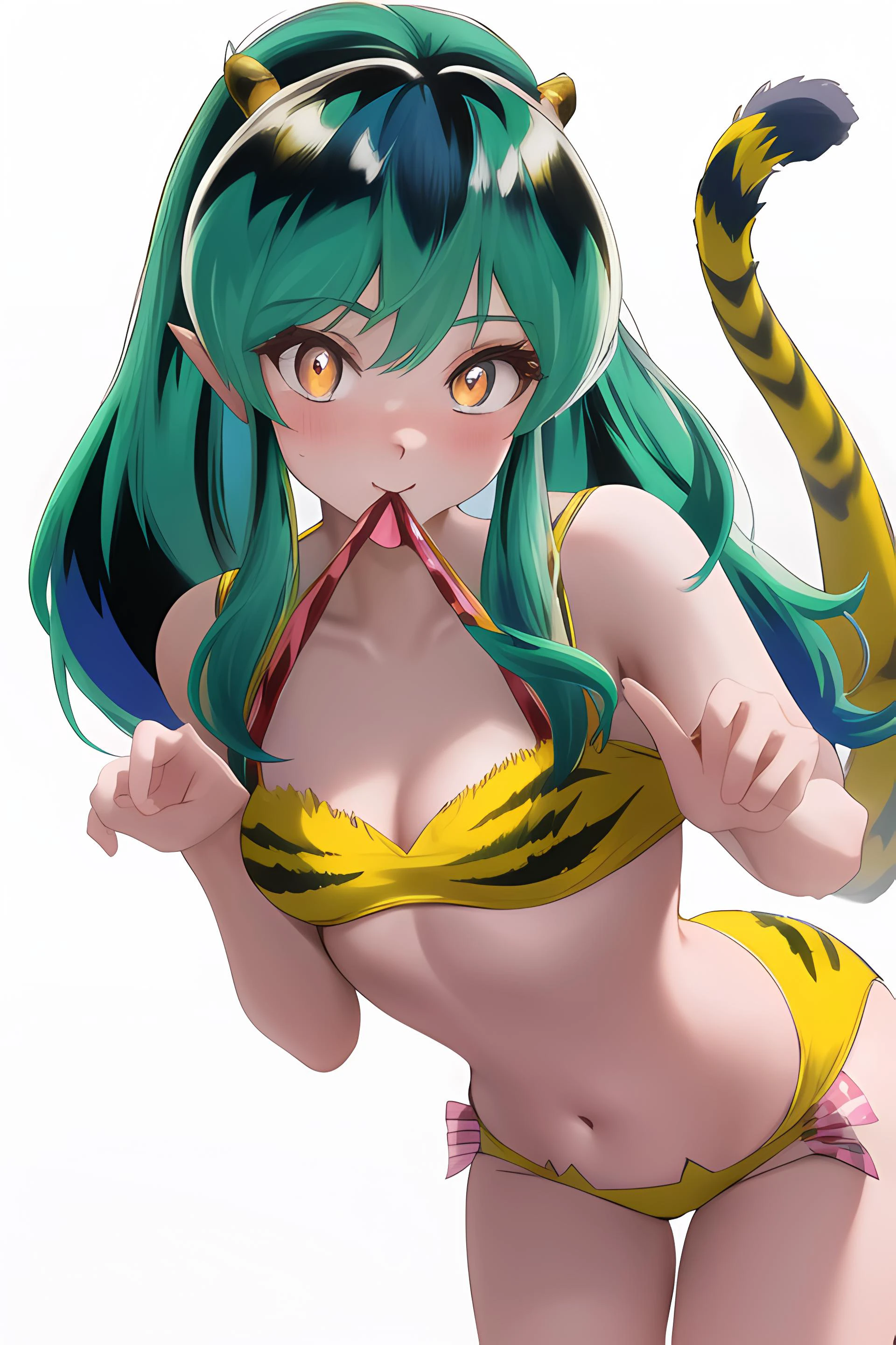<lora:lumUruseiYatsura_10:1>, <lora:catLingerie_v10:1>, highly detailed, 8k, cinematic, urusei yatsura, lum, thin, skinny, girl beautiful girl, cute, (oni horns1.2), flying girl, flying, horns, young, sexy, dynamic, (tiger stripes:1.2), (cat lingerie:.8), yellow clothes, cleavage cutout, masterpiece, best quality, hires, mouth opened, fang, ultra-detailed, multicolored eyes, beautiful eyes, detailed face, gorgeous girl, small breasts, blushing, (beautiful day:1.2), gorgeous, cat tail, silly, playful, cute pose, cat pose, detailed eyes, (wind blowing:0.5), detailed hands, 5 fingers, skimpy, bikini, revealing clothes, nsfw
