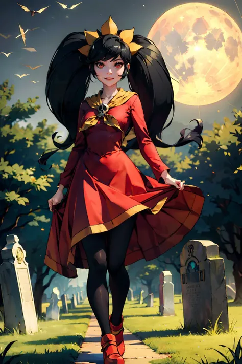 ashley, girl, red dress, red colored iris, black twintails, skull on chest, orange hairband, pantyhose, red footwear, looking at viewer, serious, smiling, teeth,
standing,  large moon, graveyard, tombstones,creepy ambiance, 
extreme detail, hdr, beautiful quality,masterpiece, <lora:Ashley:.8>