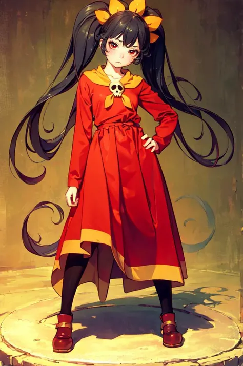 :<, hands on own hips, <lora:Ashley:0.8> ashley, red dress, skull, orange hairband, pantyhose, <lora:Range_murata_style_v02:0.8>, absurdres, ultra detailed, masterpiece, best quality, aesthetic, detailed,