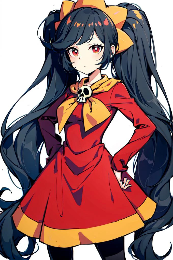 :<, hands on own hips, <lora:Ashley:0.8> ashley, red dress, skull, orange hairband, pantyhose,, absurdres, ultra detailed, masterpiece, best quality, aesthetic, detailed,