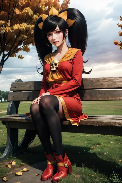 ashley, girl, red dress, red colored iris, black twintails, skull on chest, orange hairband, pantyhose, red footwear, looking at viewer, serious, smiling,
sitting, on bench, outside, park, trees, season change, summer to fall, overcast,
extreme detail, hdr, realistic quality, analog, <lora:Ashley:.8>