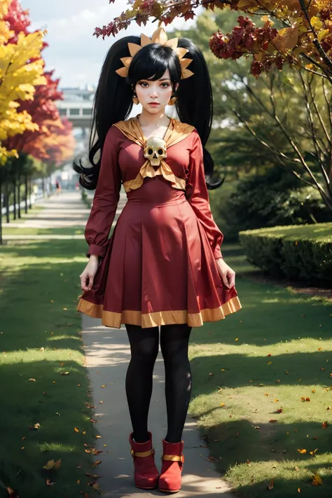 ashley, girl, red dress, red colored iris, black twintails, skull on chest, orange hairband, pantyhose, red footwear, looking at viewer, serious, cute pose,
outside, park, trees, season change, summer to fall, overcast, extreme detail, hdr, realistic quality, analog, <lora:Ashley:.8>