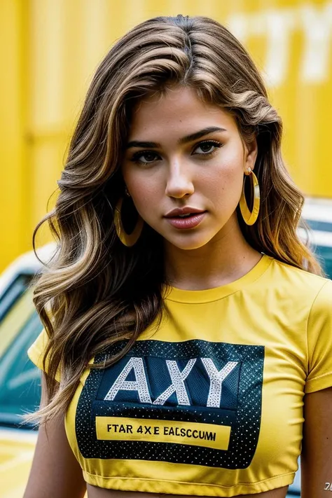 photo of gorgeous (kdt0r0-134:0.99), a beautiful woman, perfect hair, (modern photo), (Taxi Cab Yellow tight graphic tee), closeup portrait, 85mm lens, f16 aperture, (analog, cinematic, film grain:1.3), (geometric halftone background:1.2), detailed eyes, earrings, (epicPhoto), (looking at viewer:1.1), jewelry, (cinematic shot:1.3), (natural lighting)