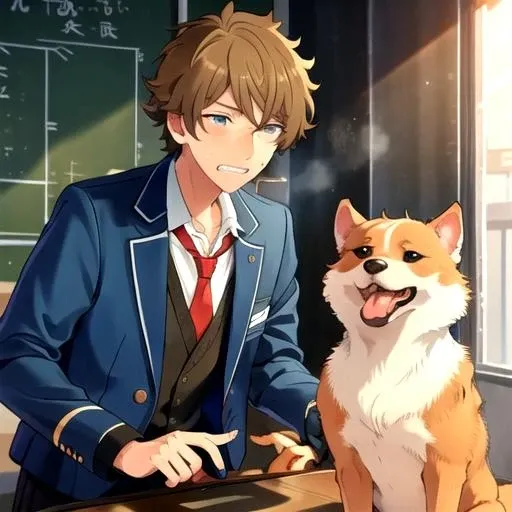 <lora:MidoriES-09:0.8>, best quality, highres,midori_es,shirt, long sleeves, school uniform, jacket, upper body, sweat, necktie, teeth, tongue, animal, blazer, red necktie, clenched teeth, dog, holding animal