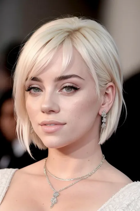 a photo of (b1ll1331ll1sh:0.99), a woman with blonde hair, short hair, wearing an elegant dress, standing on the red carpet, with paparazzi on the background, (huge breasts:1.2), (masterpiece), (best quality), (detailed), (8k), (HDR), (wallpaper), (cinematic lighting), (sharp focus), (intricate), (closeup) , looking at viewer, closeup