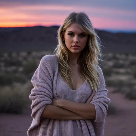 8k uhd, soft lighting, photorealistic, (Taylor Swift:0.9), pink blonde hair, desert, evening, purple sky, <lora:LowRA:0.5>, hands