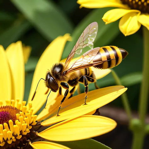 surreal photograph of a bee pollenating a flower on a hot summer day. highly detailed, highly accurate, crisp photography, ultra real, macro shot, rich colors, insect photography, cinema4D, masterpiece