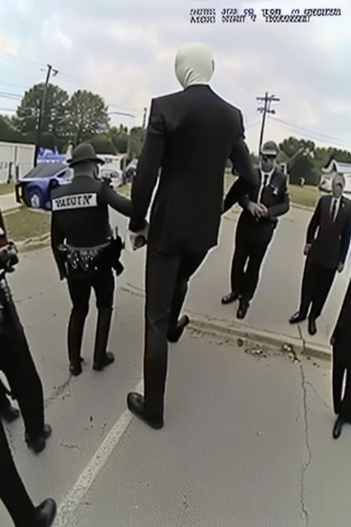 Scary Slenderman, very tall , white head, no face, black suit and red tie, being arrested on the street in front of Walmart <lora:PoliceBodycamFootage:1>