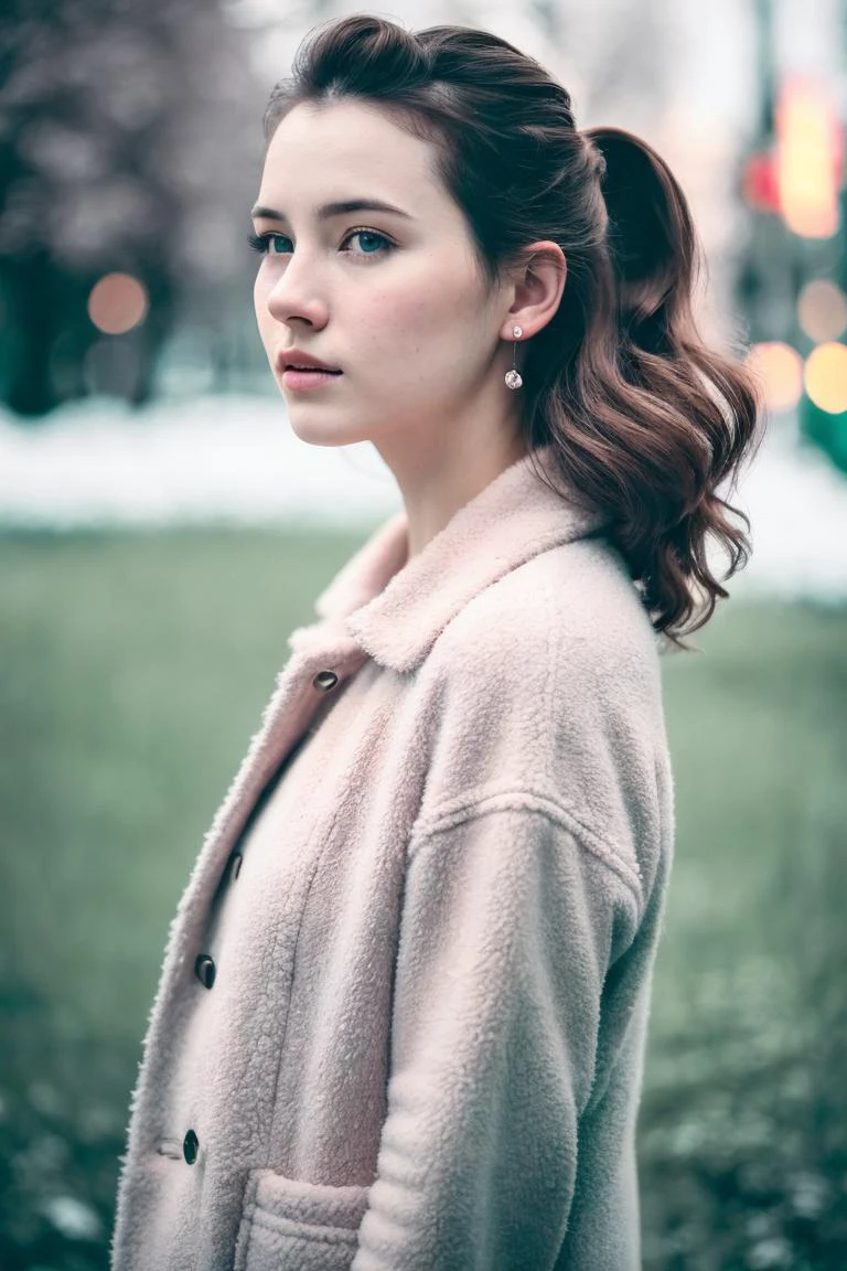 (8k, best quality, masterpiece:1.2), (realistic, photorealistic, photo-realistic:1.37), ultra-detailed, Color splash, Full length frame of a Depressing Woman, Twirl pose, Brown hair styled as Low fade, Winter, Simple illustration, Satisfying, spotlit, film grain, compact camera, 50mm, Pink and Mint green hue, High quality, octane engine