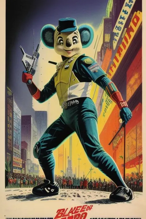 (1960's poster:1.5),doala, mascot ,baseball cap, Baseball uniform, (dynamic pose:1.3),<lora:Doala-100epochs-V1:1.0>
The scene is inspired by the cyberpunk aesthetic of moviee Blade Runner, mixed with the high-tech action of Starship Troopers and Dredd, and the imaginative world-building of Pixar and Buzz Lightyear
