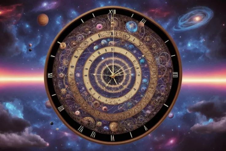 surrealism art style, the cosmic clock that measures both time and space, as well as the rate of the expansion of the universe, the mysterious clock humans will never have access to