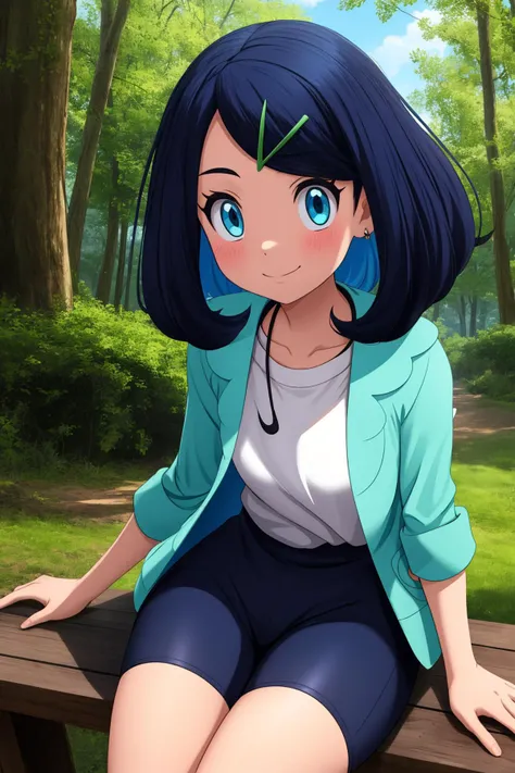 pkmnliko, 1girl, solo, blue eyes, blue hair, medium hair, bangs, hairclip,
white shirt, green jacket, open jacket, short sleeves, blue shorts, bike shorts,
smile,closed mouth,cowboy shot,sitting,
forest,outdoor,
(insanely detailed, beautiful detailed face, masterpiece, best quality) cinematic lighting,<lora:PKMN_Liko_v1:1>, <lora:more_details:0.3>,