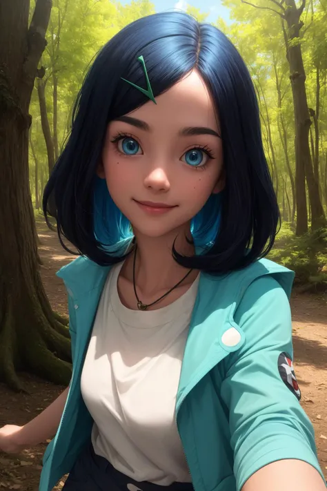 pkmnliko, 1girl, solo, blue eyes, blue hair, medium hair, bangs, hairclip,
white shirt, green jacket, open jacket, short sleeves, blue shorts,
smile,closed mouth,cowboy shot,upper body,
forest,outdoor,
(insanely detailed, beautiful detailed face, masterpiece, best quality) cinematic lighting,<lora:PKMN_Liko_v1:1>, <lora:more_details:0.3>,