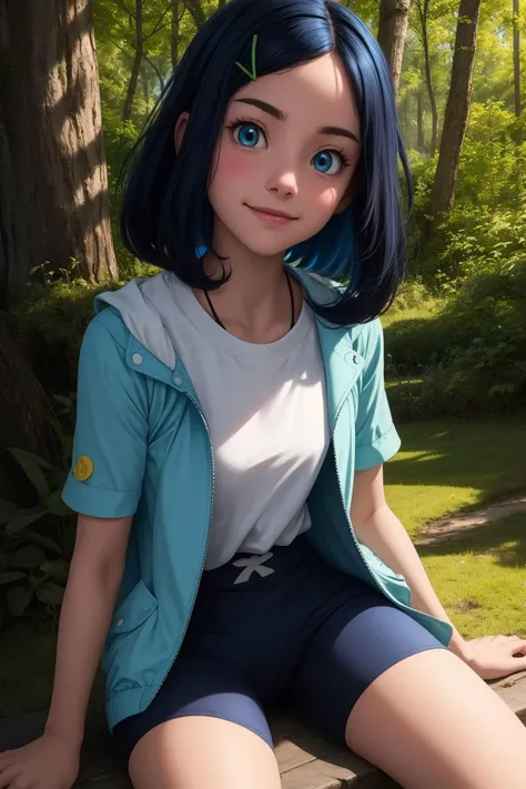 pkmnliko, 1girl, solo, blue eyes, blue hair, medium hair, bangs, hairclip,
white shirt, green jacket, open jacket, short sleeves, blue shorts, bike shorts,
smile,closed mouth,cowboy shot,sitting,
forest,outdoor,
(insanely detailed, beautiful detailed face, masterpiece, best quality) cinematic lighting,<lora:PKMN_Liko_v1:1>, <lora:more_details:0.3>,