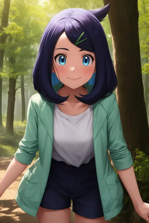 pkmnliko, 1girl, solo, blue eyes, blue hair, medium hair, bangs, hairclip,
white shirt, green jacket, open jacket, short sleeves, blue shorts,
smile,closed mouth,cowboy shot,upper body,
forest,outdoor,
(insanely detailed, beautiful detailed face, masterpiece, best quality) cinematic lighting,<lora:PKMN_Liko_v1:1>, <lora:more_details:0.3>,