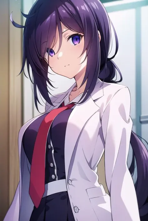1girl, (shapely body), (solo), <lora:Kouzaku_Mitori_L:1>, hdr, kouzaku mitori, solo, long hair, breasts, cleavage, twintails, large breasts, purple eyes, collarbone, upper body, ponytail, purple hair, formal, suit, :<,