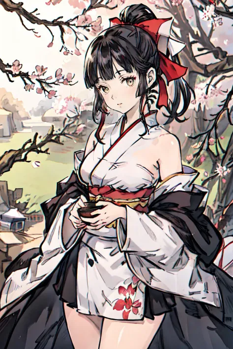 masterpiece, ultra realistic, 32k, extremely detailed CG unity 8k wallpaper, best quality, soft lighting, solo, ponytail, kamisato ayaka (heytea), official art, official alternate costume, kamisato ayaka, blunt bangs, hair bow, hair ribbon, red ribbon, red kimonos, flower, outdoors, cherry blossoms, 1girl, black bow, cate <lora:kimono_copax_v1:0.4>, masterpiece,ultra realistic,32k,extremely detailed CG unity 8k wallpaper, best quality, stunning environment ,vibrant colors