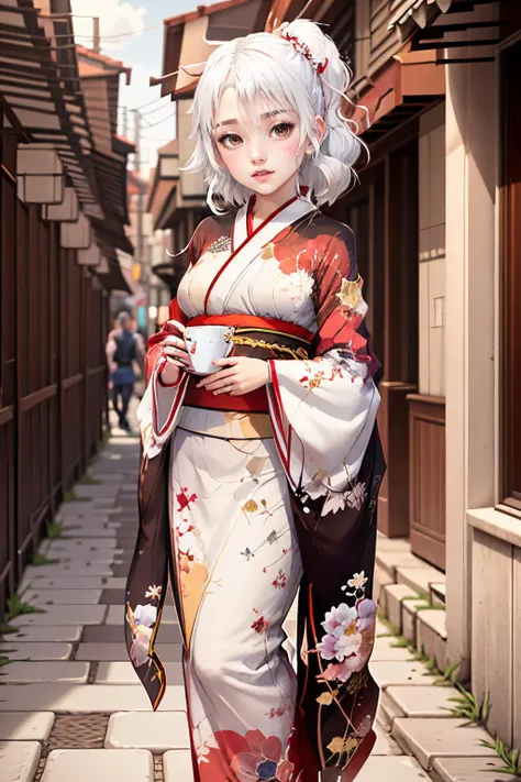 masterpiece, ultra realistic, 32k, extremely detailed CG unity 8k wallpaper, best quality, soft lighting, solo, ponytail, kamisato ayaka (heytea), official art, official alternate costume, kamisato ayaka, blunt bangs, hair bow, hair ribbon, red ribbon, (white hair color:1.8), red kimonos, flower, tree, outdoors, cherry blossoms, 1girl, black bow, cate <lora:kimono_copax_v1:0.7>