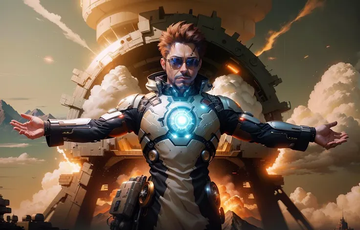 (1man), ((Tony Stark)), futuristic outfit, sunglasses, ((big explosion on background)), skyes, clouds, outdoor, (mountains:1.2), render, unreal 5, 8k, ultra quality, (((masterpiece))), (reelmech:0.9), cyberpunk 2077,