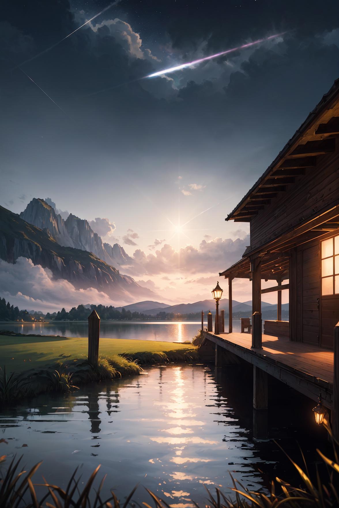 A painting of a house on a lake with a mountain in the background ...