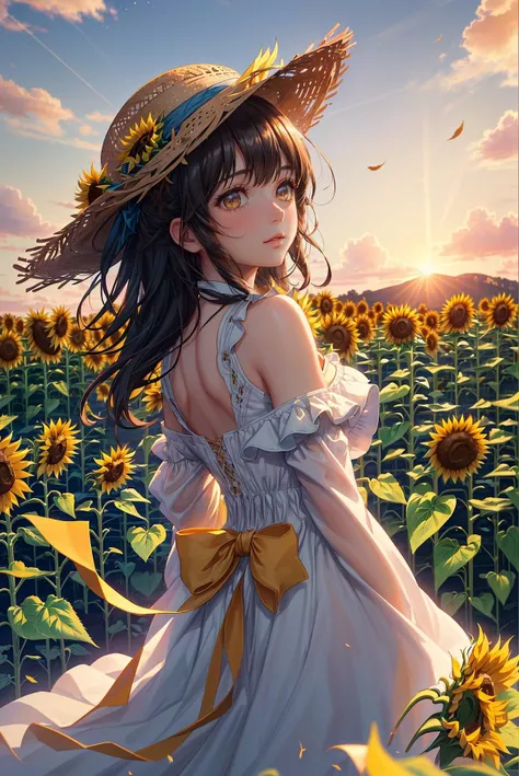 ((Girl in straw hat looking back in a field of sunflowers)),(backlight),(best illumination, best shadow, an extremely delicate and beautiful),Girl on the center axis of the picture,small breasts,((Sunflowers with the ultimate in detail)),beautiful detailed sky,Perfect body,(beautiful detailed face),extremely delicate and beautiful girls,Sunflower fields at sunset,sunset,black hair,beautiful detailed cloud,(((extremely detailed CG unity 8k wallpaper, masterpiece, best quality, ultra-detailed))),dynamic angle,floating,finely detail,(bloom),(shine),glinting stars,feather,nature,(sunlight),fairyland,(((The character is in the center of the frame))),, masterpiece,best quality,highly detailed,Amazing,finely detail,extremely detailed CG unity 8k wallpaper,score:>=60,, Cinematic Lighting,rim light,available light,light leaks,depth_of_field,blurry,