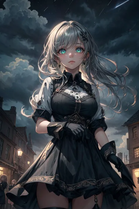 twenty-second century,urban street,city,((the girl in the middle:1.9)),(looking_at_viewer),expressionless,manless crossroads,(whole dark sky:1.5),(thick cumulonimbus cloud),gray hair,streaked hair,huge_filesize,high detail,(masterpiece),(best quality),(((an extreme delicated and beautiful girl))),(solo:1.4),beautiful sky,beautiful detailed eyes,((cowboy shot)),crossed bangs,medium hair,dress,(beautiful detailed black gloves:1.4),huge_filesize,wallpaper,masterpiece,ultra-detailed,illustration,beautiful detailed eyes,gorgeous,(((masterpiece))),illustration,detailed glow,(many-storied buildings),(wind lift),extremely detailed 4k CG,(despairing:1.4),Splayed braid,green eyes,1 girl,(in the middle of the intersection),(rainny),drizzle,loneliness,heavy sky,helpless eyes,sideway,highly detailed,black pupil,, masterpiece,best quality,highly detailed,Amazing,finely detail,extremely detailed CG unity 8k wallpaper,score:>=60,, Cinematic Lighting,rim light,available light,light leaks,depth_of_field,blurry,