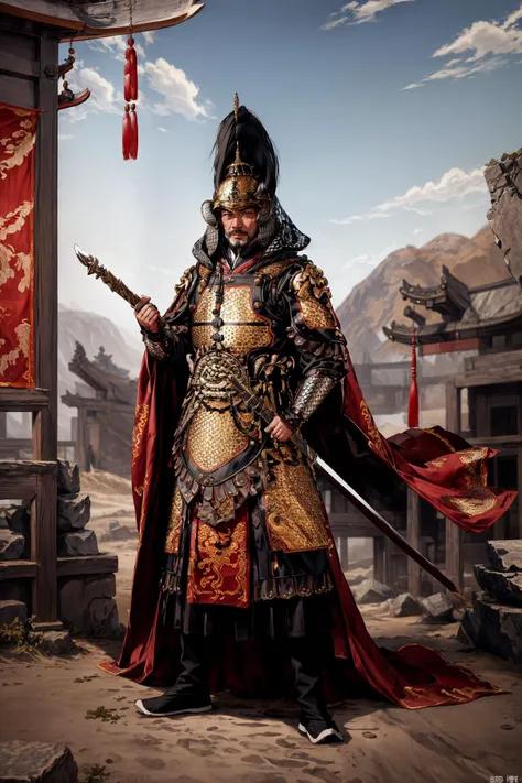 (A man dressed in Chinese-style armor:1.2),chinese,an old general,(Asian man:1.2),Asian,(Asian face:1.2),solo,Chinese-style armor,chinese helmet,(cloak:1.2),wielding a guandao,sword,scabbard,chinese ancient military flag,elderly,white hair,white beard,strong,rough skin,full body,bloodstains on the armor,swinging the weapon,roaring,fighting,desert,sandstorm,jars,(fallen soldiers:1.1),bloodstains on the ground,architectural ruins,withered trees,rocks,desolate mountain,<lora:æ­¦ä¾ å°è¯´äººç©ä¸¨åä¾ ä¸¨ä¸­å¼ç²èä¸¨é ç²çç²_V_1:0.8>,, masterpiece,best quality,highly detailed,Amazing,finely detail,extremely detailed CG unity 8k wallpaper,score:>=60,, incredibly absurdres,wallpaper,realistic,real,photo,landscape,foreshortening,, beautiful detailed eyes,Fine hair texture,
