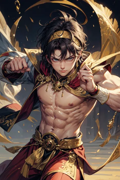 Create an image of a handsome young male who embodies the essence of a fantasy monk. He is shirtless, showcasing a well-toned and agile physique that speaks of his mastery in martial arts. His posture and expression convey both determination and confidence, hinting at his ability to expertly kick and punch his way against any opponent.
His face bears a slight smirk, not of arrogance, but of self-assurance in his combat skills and mental discipline. This smirk, combined with a focused gaze, makes it clear that he is not just physically formidable but also mentally unshakable.
Atop his head, he wears a simple white headband, serving both as a practical accessory to keep sweat from his brow and as a symbol of his dedication to his martial path. The headband adds a touch of traditional elegance to his appearance and contrasts beautifully with his hair and complexion.
The background should be suggestive of a fantasy setting, perhaps a tranquil monastery garden or a training ground adorned with ancient symbols and artifacts, reflecting the rich heritage and spiritual depth of his discipline.
The overall mood of the image should capture a balance between physical prowess and serene confidence, portraying the young monk as someone who is deeply connected to the art of martial combat, yet carries an air of peace and self-control.