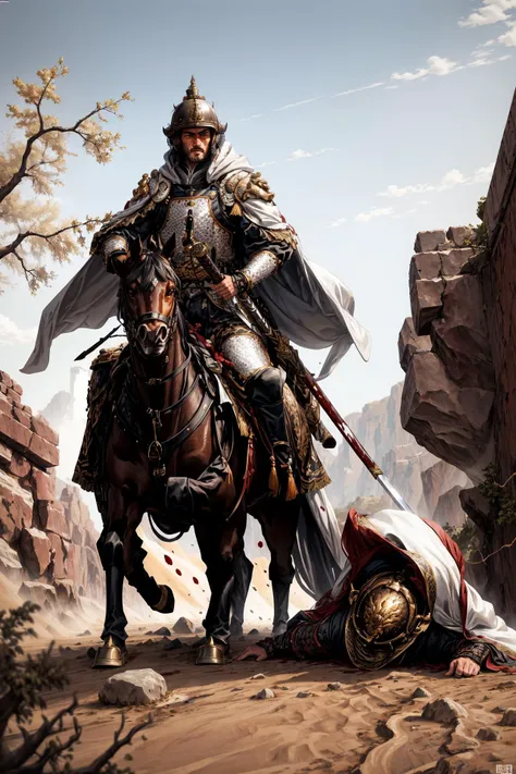 A man dressed in Chinese-style armor,a cavalryman,Chinese-style armor,helmet,(white cloak:1.2),holding a sword,scabbard,adult,stubble,strong,bloodstains on the armor,riding a horse,charging,roaring,fighting,desert,sandstorm,several cavalrymen,chasing,fallen soldiers,bloodstains on the ground,architectural ruins,withered trees,rocks,desolate mountains,<lora:æ¦ä¾ å°è¯´äººç©ä¸¨åä¾ ä¸¨ä¸å¼ç²è丨é ç²çç²_V_1:0.6>,, masterpiece,best quality,highly detailed,Amazing,finely detail,extremely detailed CG unity 8k wallpaper,score:>=60,, incredibly absurdres,wallpaper,realistic,real,photo,landscape,foreshortening,
