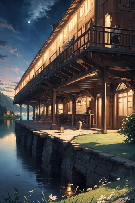 (highly detailed),((masterpiece)),(Impasto),intricate,digital painting,shadow,landscapes,fantasy,delicate grassland,(piers:1.3),(lake:1.3),(villiage:1.2),lights,clear sky,wind,beautiful sky,cumulus,(night star),, masterpiece,best quality,highly detailed,Amazing,finely detail,extremely detailed CG unity 8k wallpaper,score:>=60,, incredibly absurdres,wallpaper,realistic,real,photo,landscape,foreshortening,, beautiful detailed eyes,Fine hair texture,