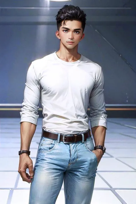 create an image of a handsome, (denverhernandezkm). he is wearing a white shirt that complements his masculinity. The background should be minimalistic, ensuring the focus remains (denverhernandezkm). The lighting of the scene should be soft yet sufficient to highlight the details of his features, from the texture of his hair to the sharpness of his eyes. His expression is relaxed and confident, with a slight smile or a look of contemplation, adding to his approachable yet alluring demeanor. The overall image should convey a sense of casual elegance and charm, capturing the essence of his youthful attractiveness in a simple, yet striking portrayal. <lora:DenverHernandezKM_v2:0.9>