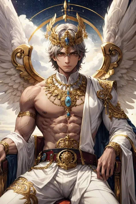 The image features a muscular young man with short, styled hair, seated and draped in white fabrics that give the impression of wings or feathers around him, contributing to an angelic or celestial theme. He has a serene, yet powerful expression on his face and is gazing directly at the viewer. The man is adorned with an ornate, gold necklace and a headpiece that rests on his forehead, adding to the regal or divine impression. His upper body is bare, showcasing his defined musculature. He also wears a wide, decorative belt with intricate designs, and a cuff on his arm that matches the belt's pattern. The overall composition of the photograph, with its contrast between the subject's skin tone and the white of the fabrics, creates a striking image.
