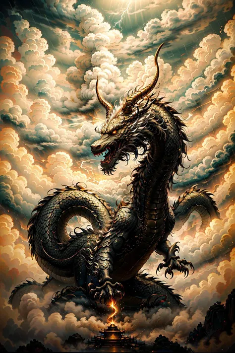 master piece,(((best quality))),(((ultra_detailed))),grand movement,illustration,cool movement,((1 Orient dragon)),black background,beautiful and detailed squama,((beautiful and detailed loong_horns)),beautiful and detailed dragon&apos's head,beautiful and detailed loong_tail,feature,flames,lightning effect,rainy,(suspending),full_loong,coherent loong,(((beautiful_and_detailed_claw))),((loong_with_4_claws)),overlook view,coordinate,((slim and long)),((slim claws)),black,half hidden in the cloud,(((wash_and_int))),Chinoiserie,Chinese_int,(((mount the cloud and ride the mist))),<lora:䏿¹æç¥é¾_V_1.2:0.6>,, masterpiece,best quality,highly detailed,Amazing,finely detail,extremely detailed CG unity 8k wallpaper,score:>=60,, Cinematic Lighting,rim light,available light,light leaks,depth_of_field,blurry,