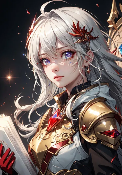{{masterpiece}},illustration,best quality,extremely detailed CG unity 8k wallpaper,original,high resolution,oversized documents,portrait,{{{{{extremely delicate and beautiful girl}}}}},{{artbook}},{precise geometry},{{{fantasy}}},white hair,very long hair,gem hair,messy hair,floating hair,hair flowing in the wind,red eyes,beautiful detail eyes,jewel eyes,{{red crystal armor}},red crystal decoration,{{red crystal dragon}},{{red crystal}},fog,drifting ashes,breeze,ashes,casting spells,ice crystal magic,depthoffield,{lens flare},good lighting,{{{{ray tracing}}}},glittering,sparkling,dynamic angle,cinematic angle,, masterpiece,best quality,highly detailed,Amazing,finely detail,extremely detailed CG unity 8k wallpaper,score:>=60,, beautiful detailed eyes,Fine hair texture,