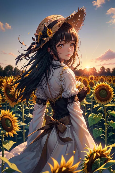 ((Girl in straw hat looking back in a field of sunflowers)),(backlight),(best illumination, best shadow, an extremely delicate and beautiful),Girl on the center axis of the picture,small breasts,((Sunflowers with the ultimate in detail)),beautiful detailed sky,Perfect body,(beautiful detailed face),extremely delicate and beautiful girls,Sunflower fields at sunset,sunset,black hair,beautiful detailed cloud,(((extremely detailed CG unity 8k wallpaper, masterpiece, best quality, ultra-detailed))),dynamic angle,floating,finely detail,(bloom),(shine),glinting stars,feather,nature,(sunlight),fairyland,(((The character is in the center of the frame))),, masterpiece,best quality,highly detailed,Amazing,finely detail,extremely detailed CG unity 8k wallpaper,score:>=60,, Cinematic Lighting,rim light,available light,light leaks,depth_of_field,blurry,