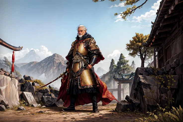(A man dressed in Chinese-style armor:1.2),an old general,(Asian man:1.2),Asian,(Asian face:1.2),solo,Chinese-style armor,(cloak:1.2),wielding a guandao,sword,scabbard,chinese ancient military flag,elderly,white hair,white beard,strong,rough skin,full body,bloodstains on the armor,swinging the weapon,roaring,fighting,desert,sandstorm,jars,(fallen soldiers:1.1),bloodstains on the ground,architectural ruins,withered trees,rocks,desolate mountain,<lora:æ­¦ä¾ å°è¯´äººç©ä¸¨åä¾ ä¸¨ä¸­å¼ç²èä¸¨é ç²çç²_V_1:0.8>,, masterpiece,best quality,highly detailed,Amazing,finely detail,extremely detailed CG unity 8k wallpaper,score:>=60,, incredibly absurdres,wallpaper,realistic,real,photo,landscape,foreshortening,, beautiful detailed eyes,Fine hair texture,
